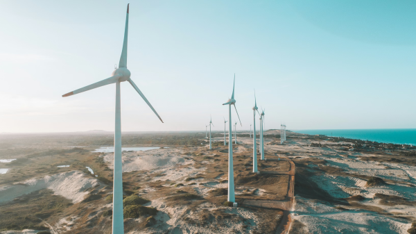 Wind turbines, part of Scaleway's renewable energy infrastructure